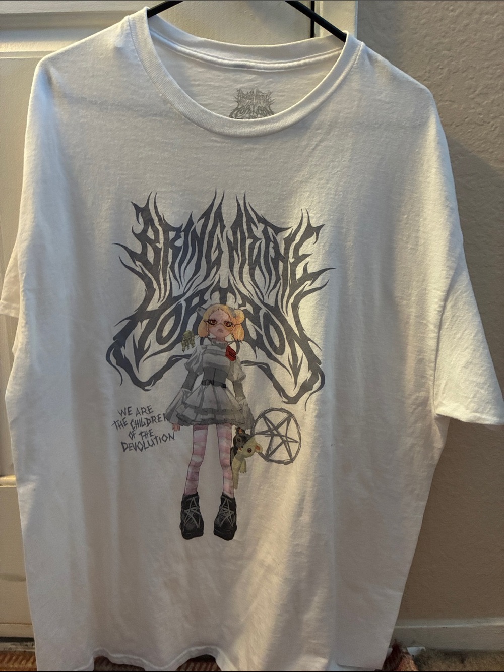 White Graphic Kids Tee with Gothic Doll Illustration